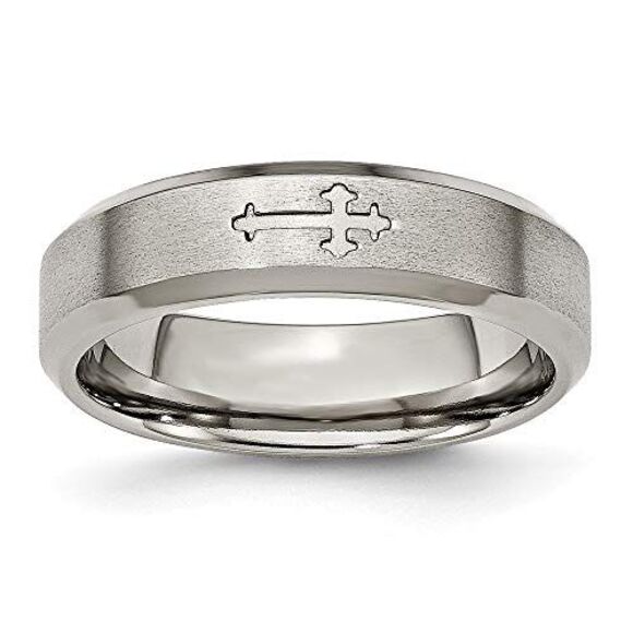 Kazi Luxury Chisel Titanium Brushed Center Cross Design 6mm Beveled Edge Band - Picture 9 of 9